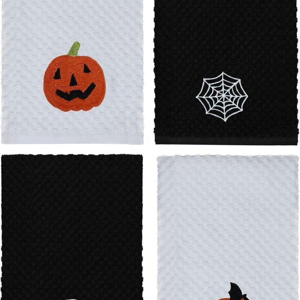 Halloween Kitchen Towels - 4 Pack Spooky Skull Web Bats Jack O'Lantern Embroider